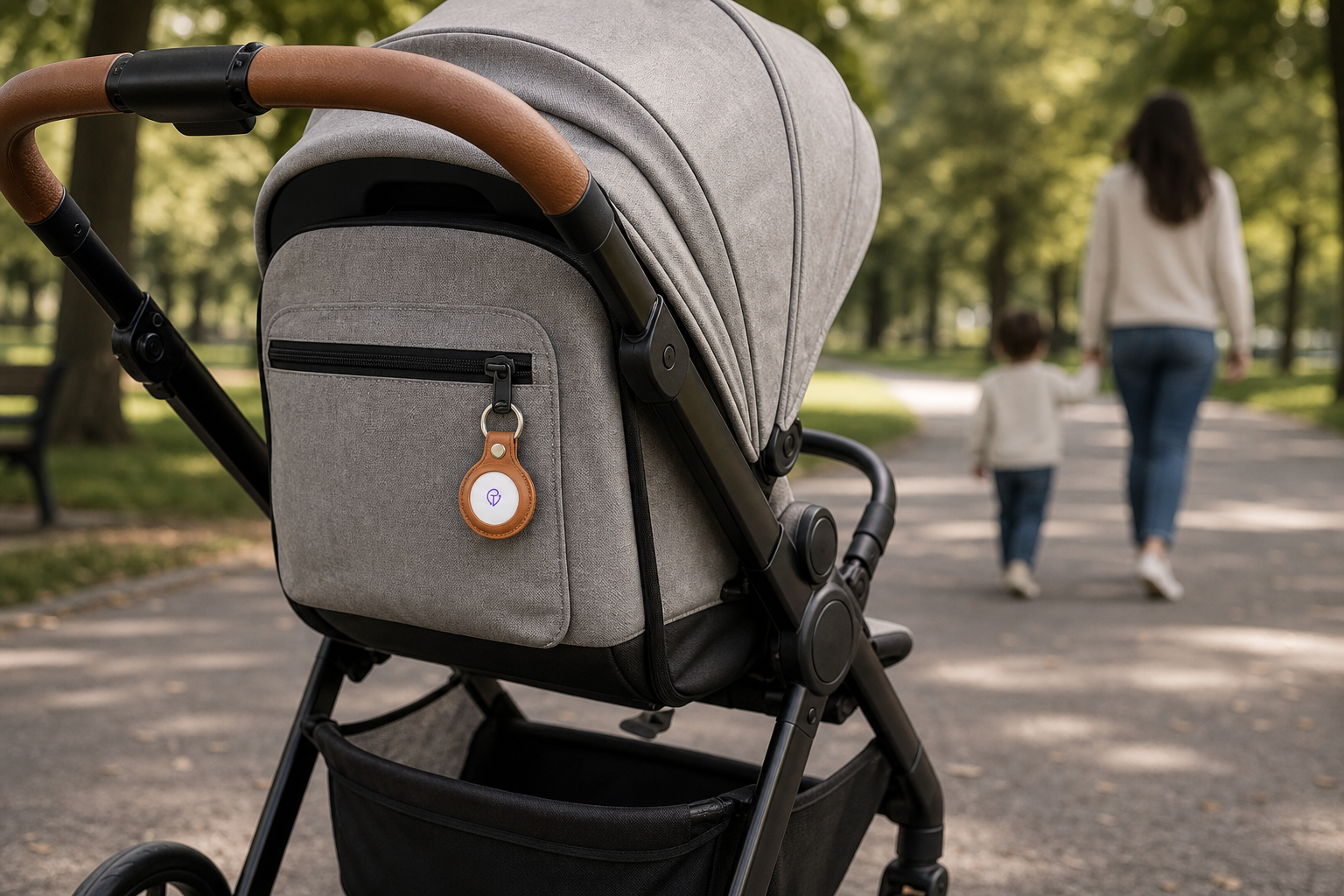 A stroller with a Tracker Mist fob in a park, a parent and child walking ahead