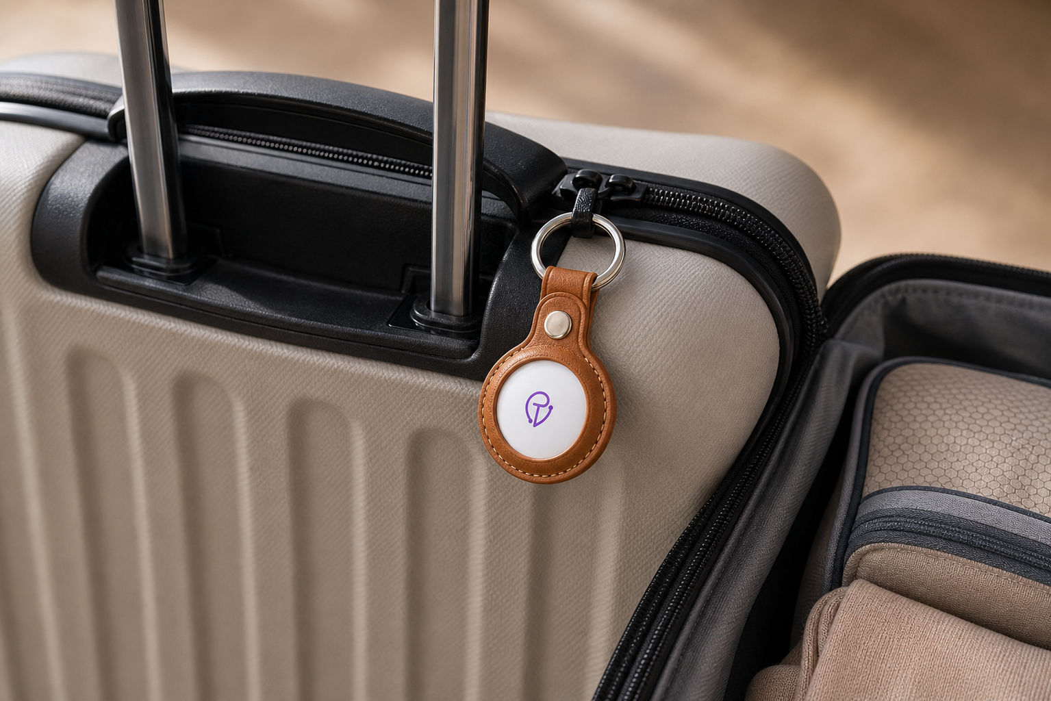 Tracker Mist fob on a suitcase in a hotel room