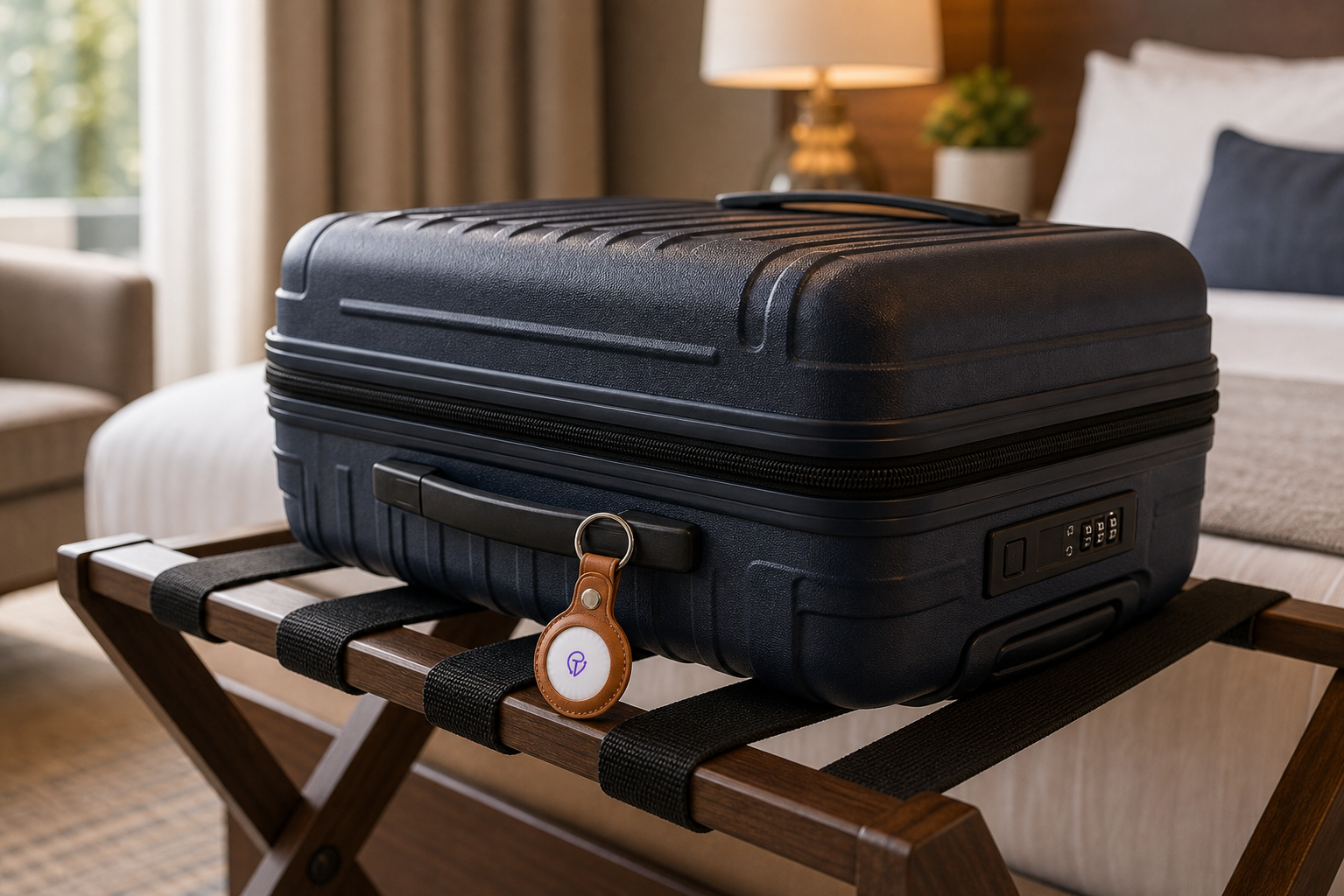 A hard-shell suitcase with a Tracker Mist fob on a hotel luggage rack
