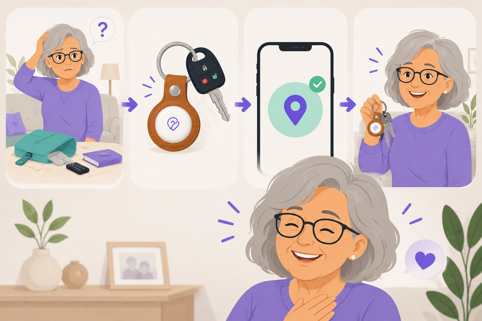 Six-panel illustrated storyboard: grandparent finds her keys with Tracker Mist.