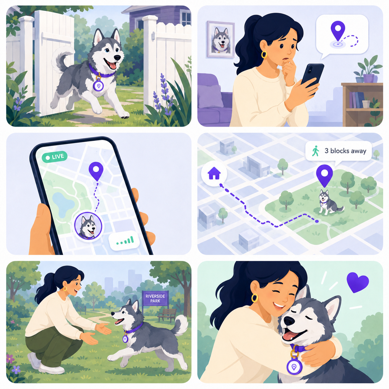 Six-panel illustrated storyboard: husky owner tracks his dog with Tracker Mist.