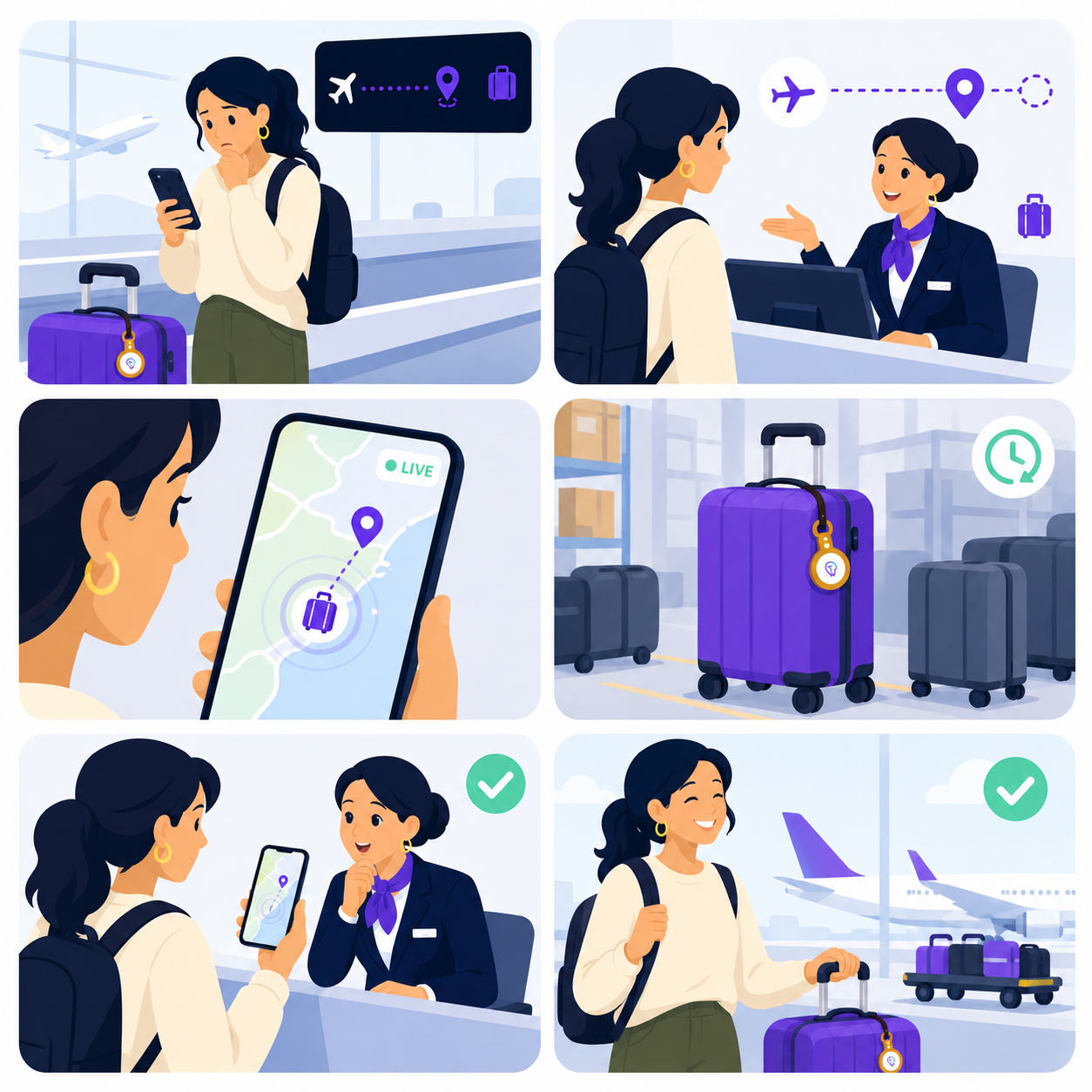 Six-panel illustrated storyboard: traveler locates her checked luggage with Tracker Mist.