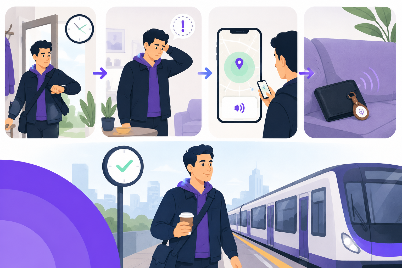 Six-panel illustrated storyboard: commuter finds her wallet in the couch with Tracker Mist.